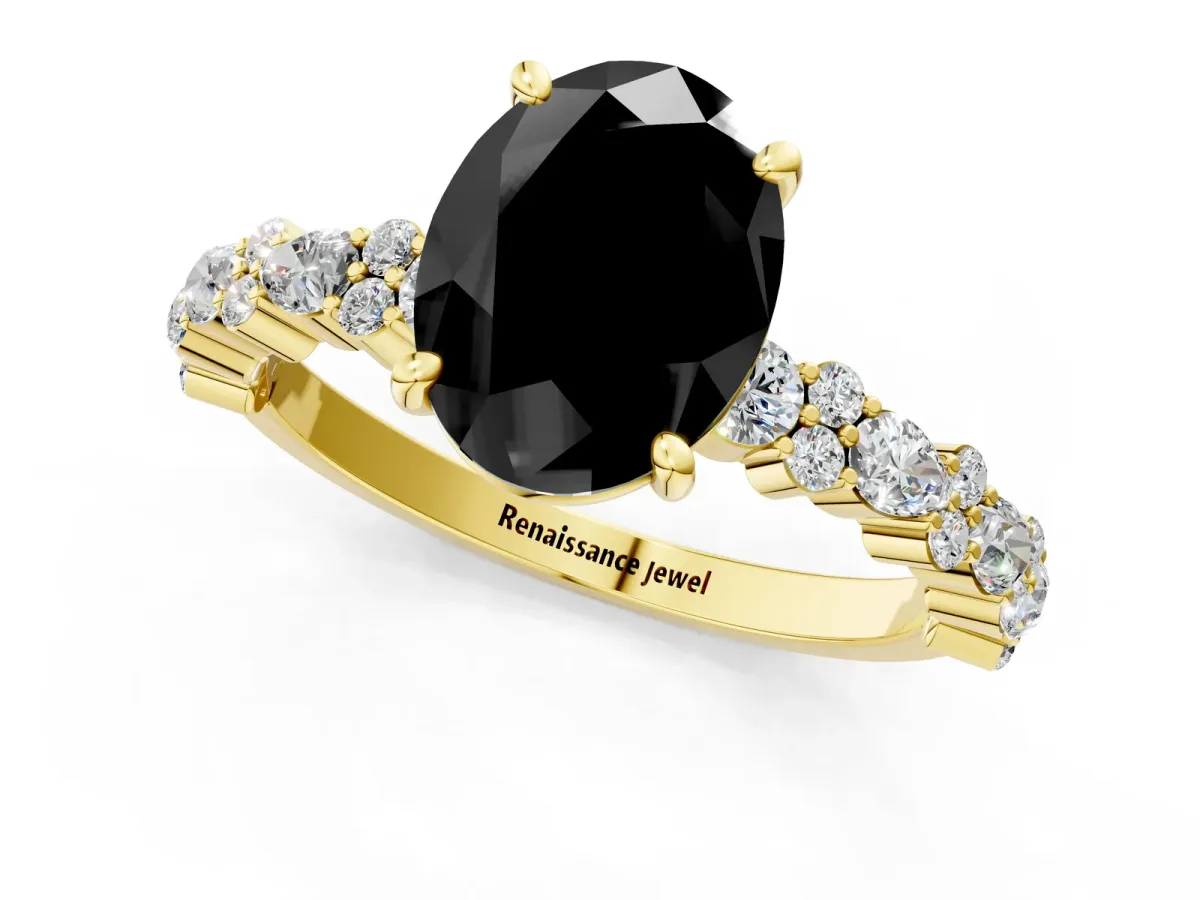 Fancy Black Oval Cut Diamond Side Stone Solitaire Ring with Round and Four-Prong Setting Yellow gold