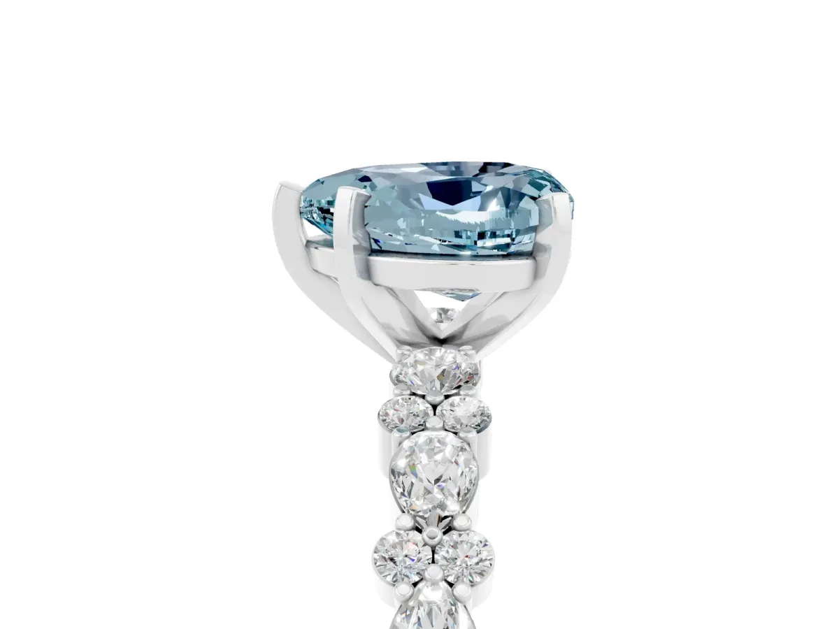 Heart Cut Aquamarine Side Stone Solitaire Ring with Round and Four-Prong Setting Platinum