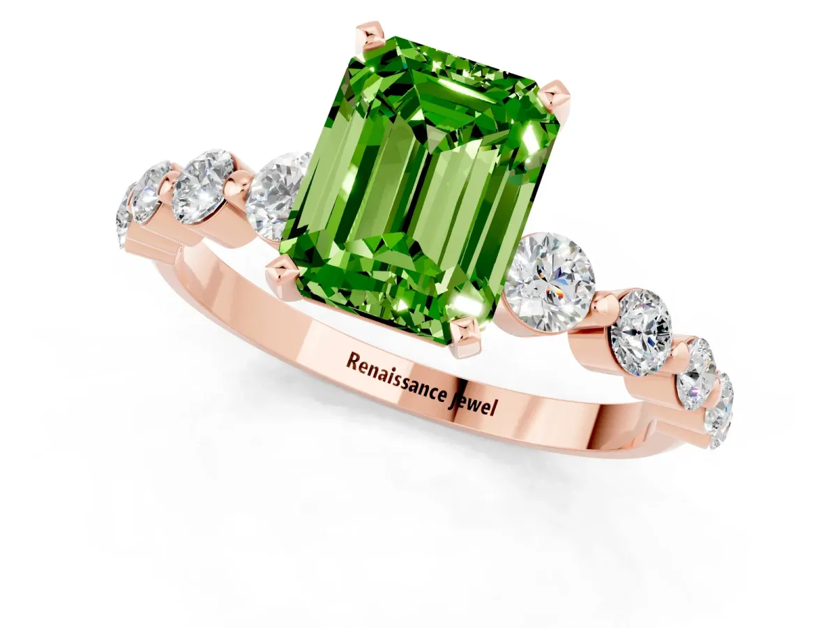 Emerald Cut Solitaire Peridot Ring with Pave Band and Four-Prong Setting Rose gold