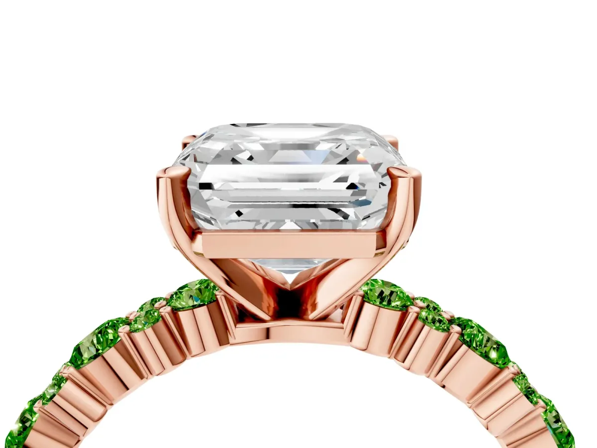 Asscher Cut Diamond Side Stone Solitaire Ring with Round Peridot and Four-Prong Setting Rose gold