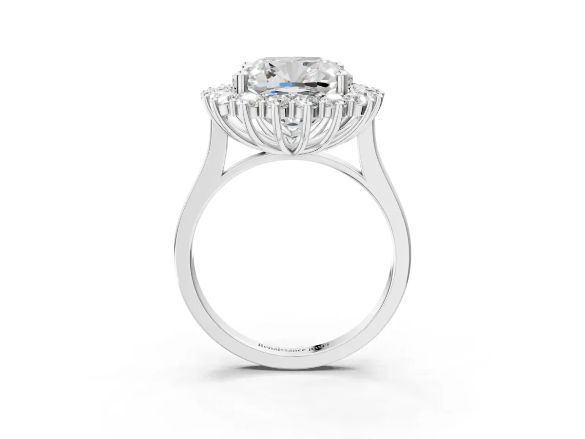 Cushion Diamond Halo Engagement Ring with Round Diamond Accents Silver