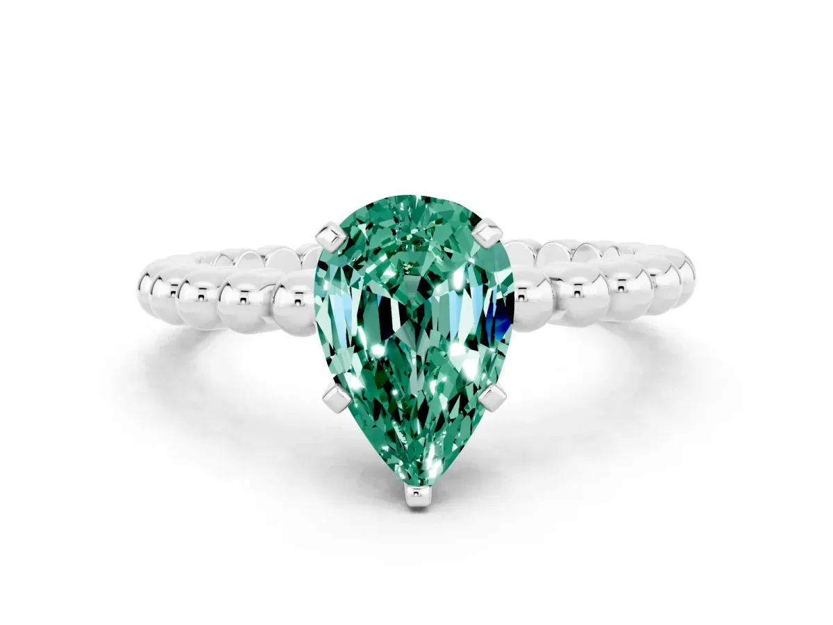 Pear Cut Green Sapphire Solitaire Ring with Beaded Band and Prong Setting Platinum