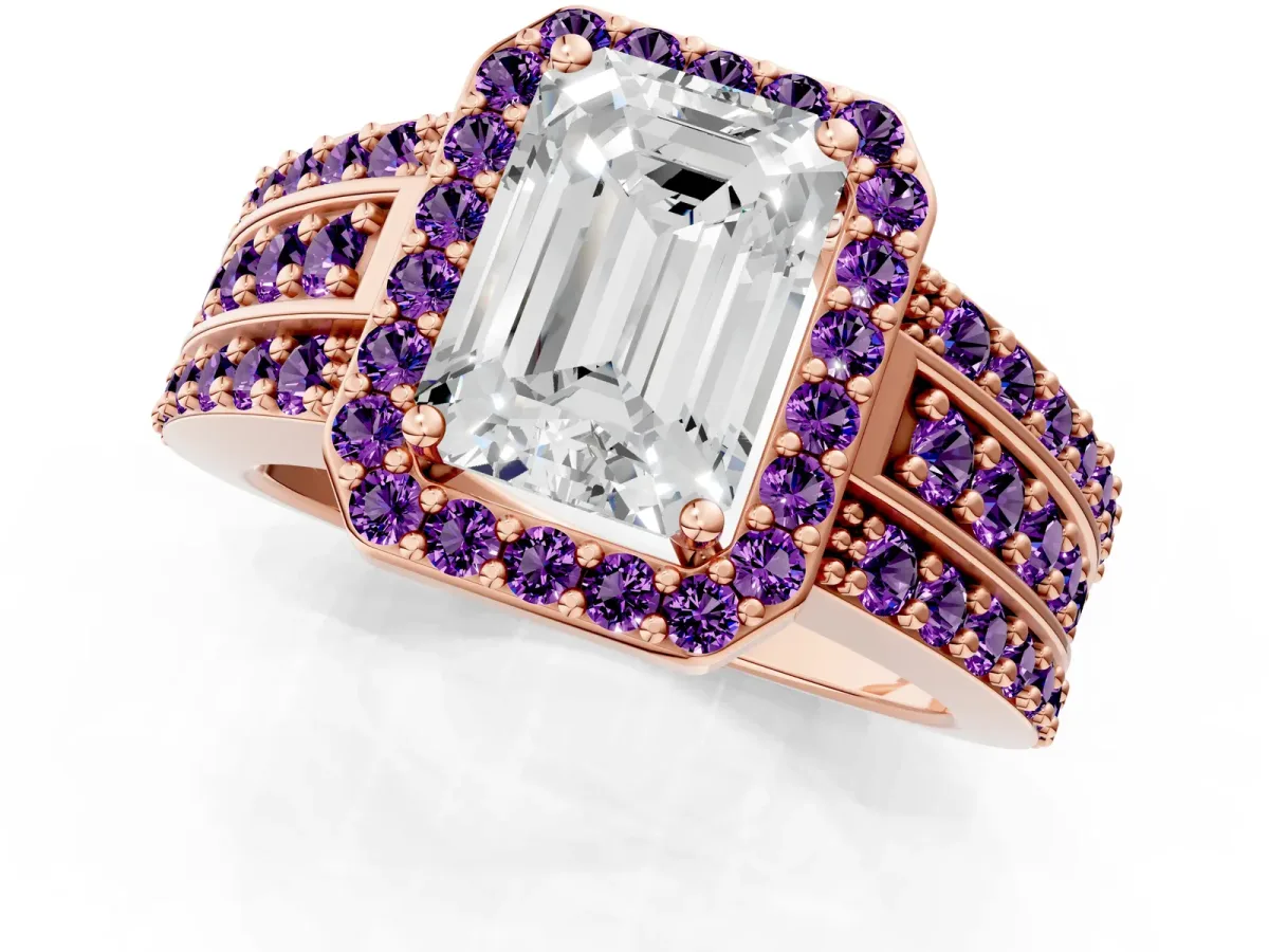 Emerald Cut Halo Diamond Ring with Round Amethyst Split Shank and Prong Setting Rose gold