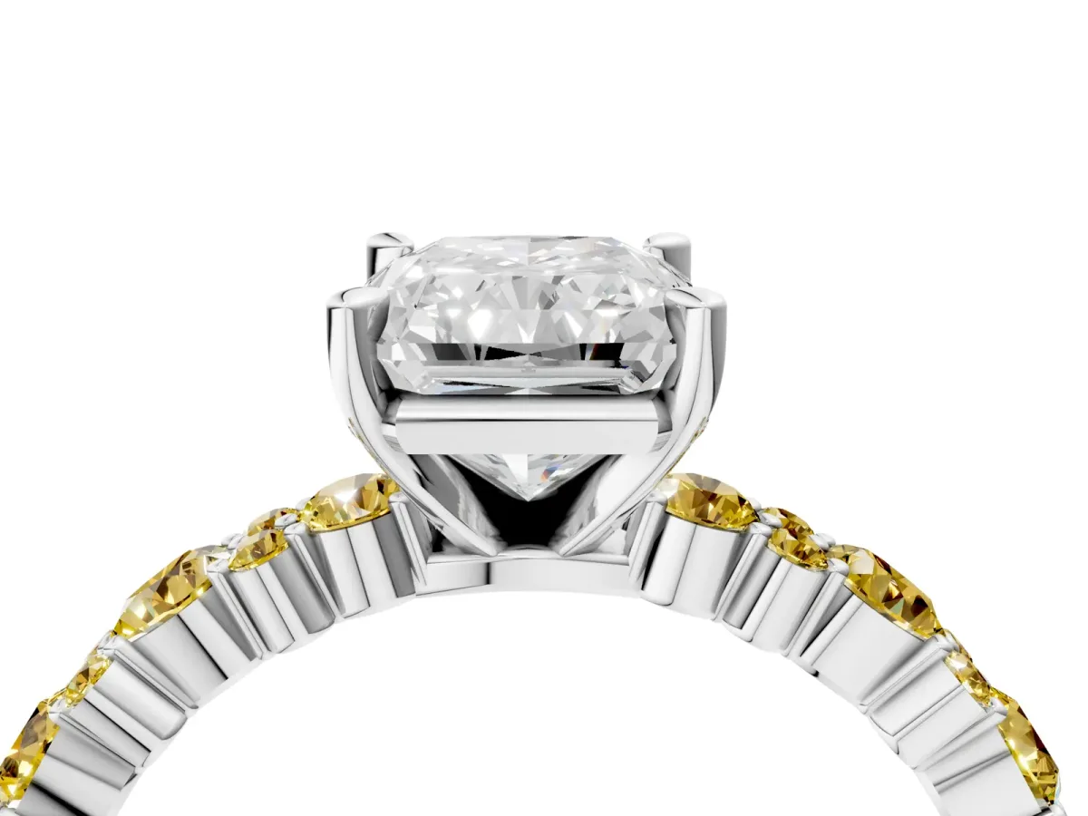 Radiant Cut Diamond Side Stone Solitaire Ring with Round Yellow Sapphire and Four-Prong Setting Silver