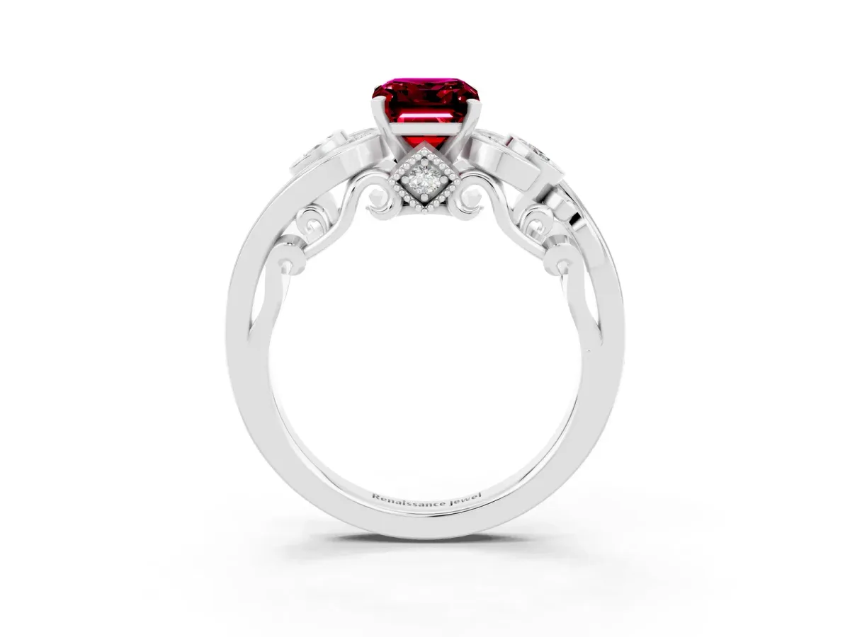 Emerald Cut Garnet Solitaire Ring with Milgrain Pavé Band and Four-Prong Setting Silver
