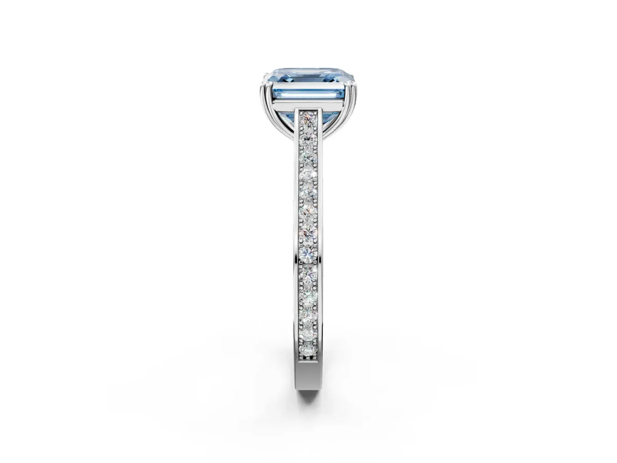 Fancy Blue Asscher Cut Diamond Solitaire with Pave Band and Six-Prong Setting Platinum
