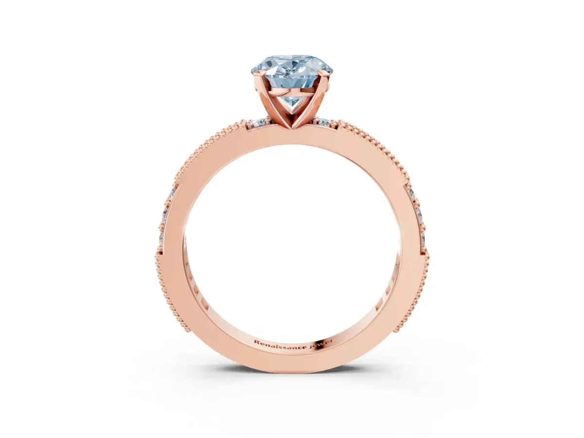 Fancy Blue Oval Cut Solitaire with Pavé Band and Four-Prong Setting Rose gold