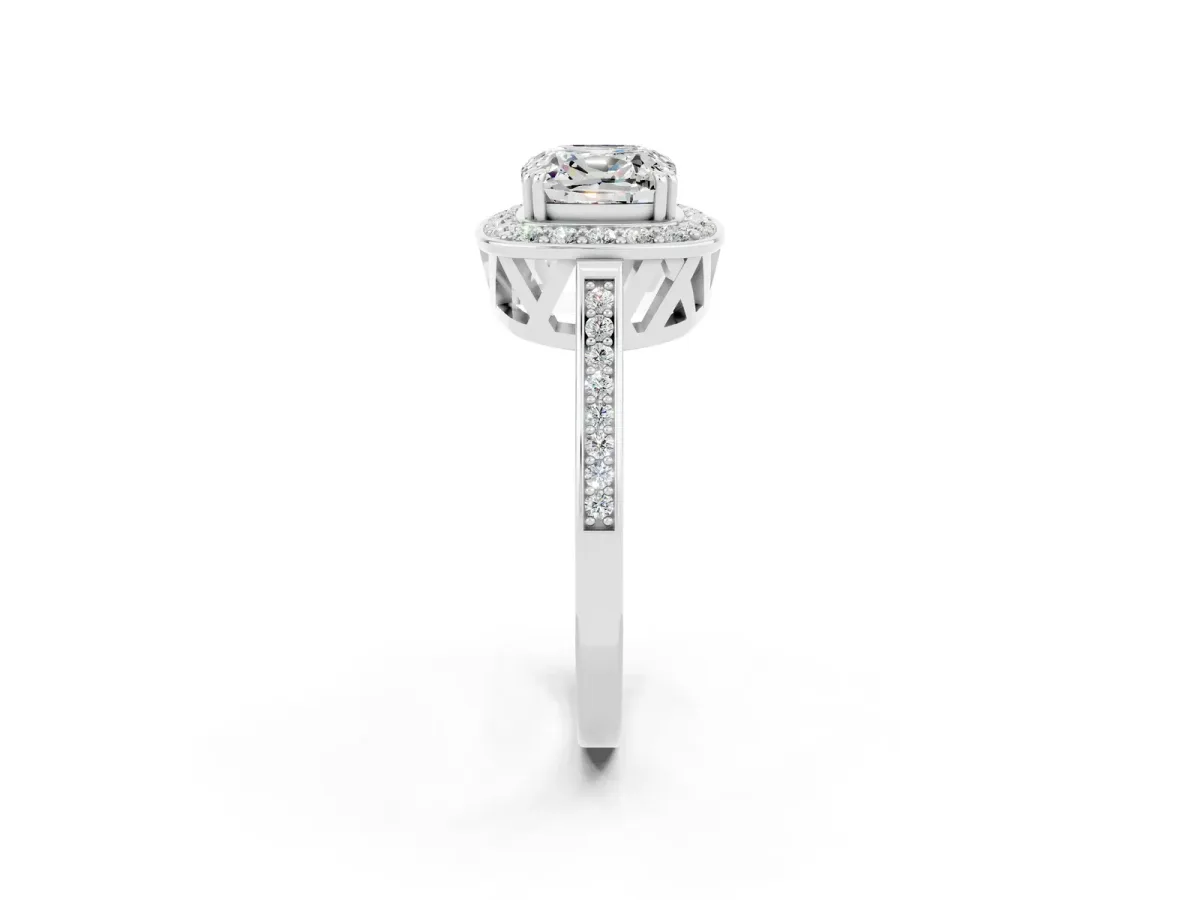 Cushion Cut Moissanite Halo Ring with Split Shank and Four-Prong Setting White gold