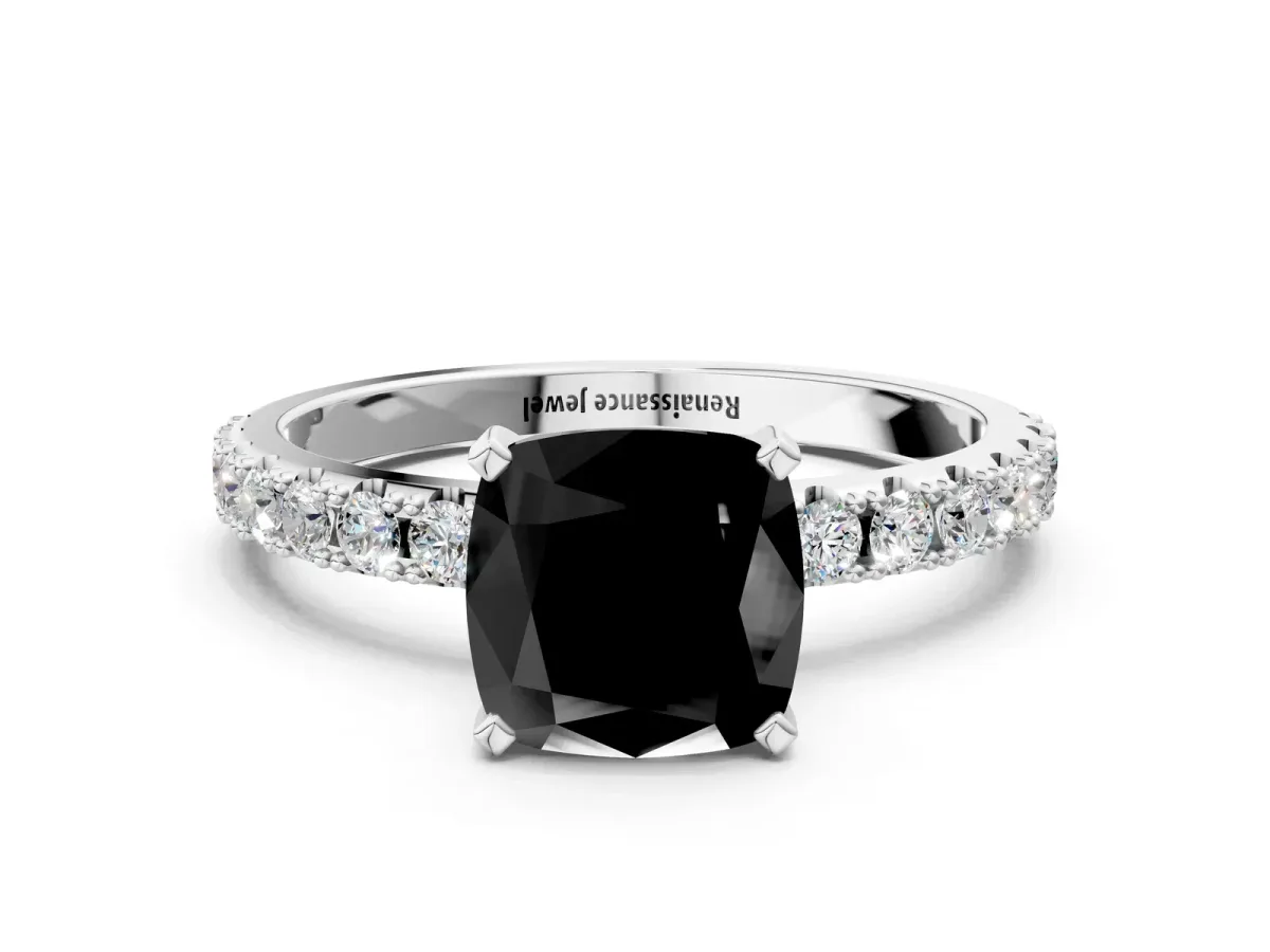 Fancy Black Cushion Cut Diamond Solitaire Pavé Band with Four-Prong Setting Silver