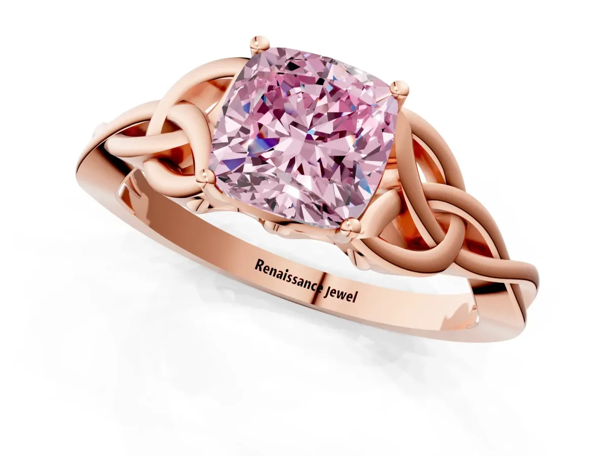 Fancy Pink Cushion Cut Diamond Solitaire Celtic Knot Ring with Four-Prong Setting Rose gold