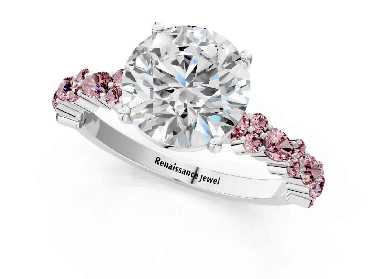 Round Cut Diamond Side Stone Solitaire Ring with Round Morganite and Four-Prong Setting Platinum