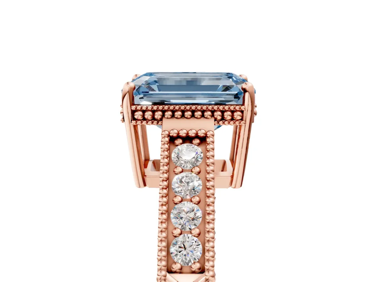Fancy Blue Emerald Cut Cut Diamond Milgrain Pave Band Four-Prong Setting Ring Rose gold