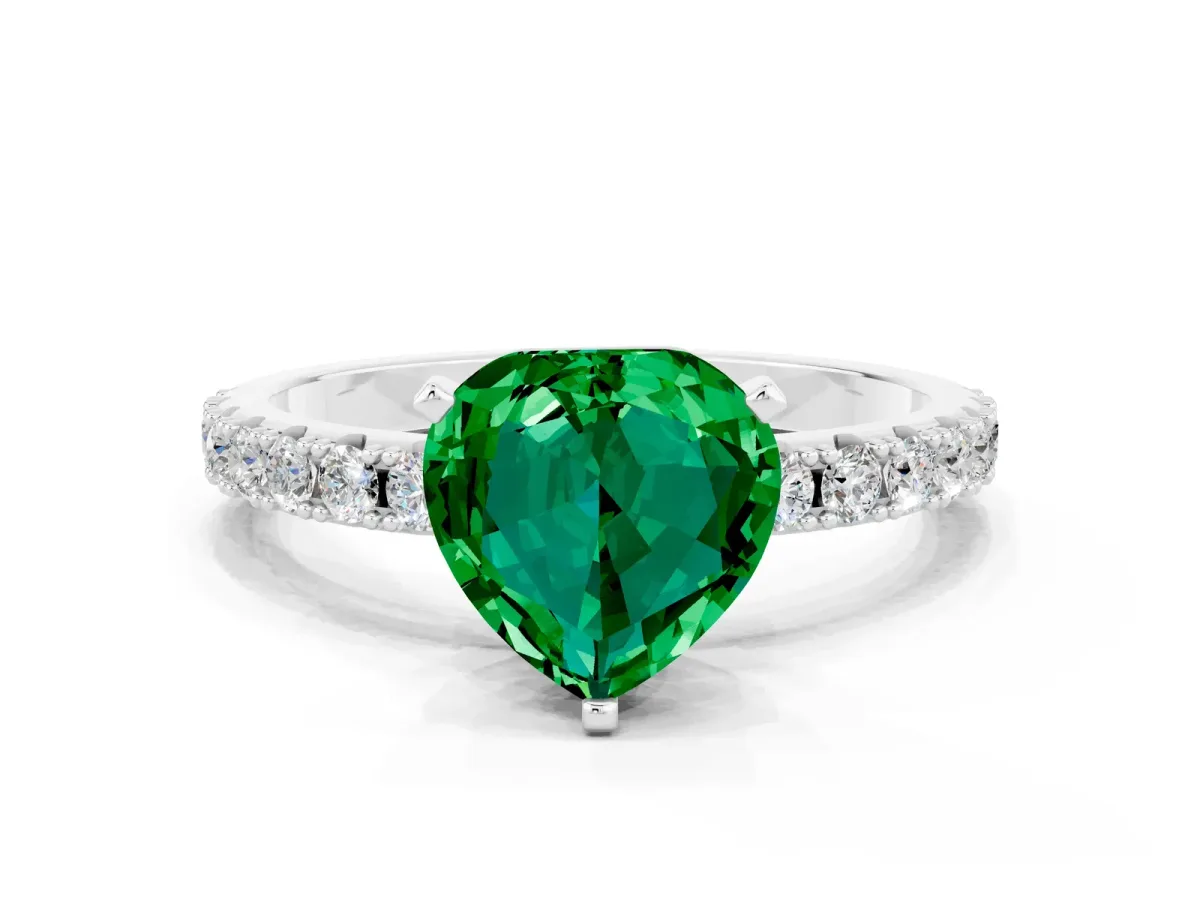Heart Cut Emerald Solitaire Pavé Band with Four-Prong Setting White gold