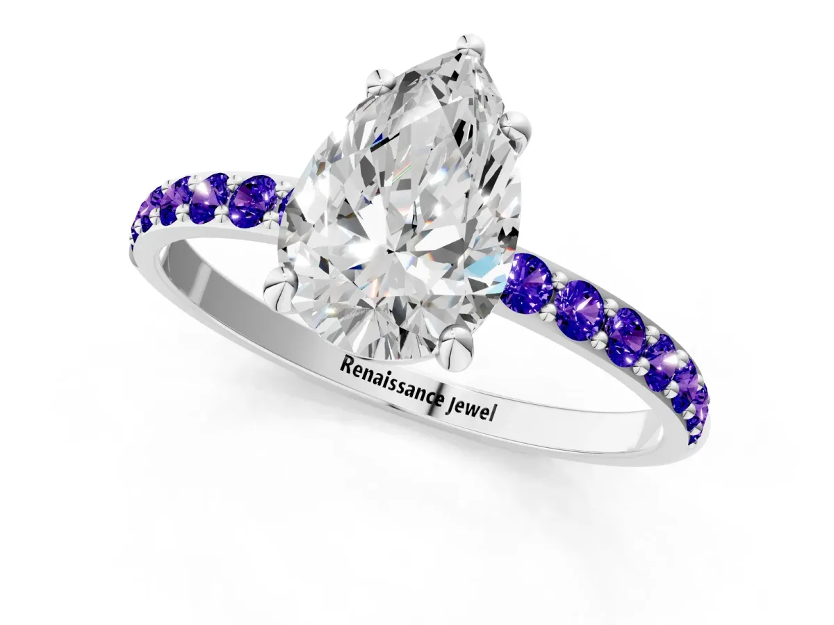 Pear Cut Diamond Solitaire Ring with Round Tanzanite Pavé Band and Prong Setting Silver