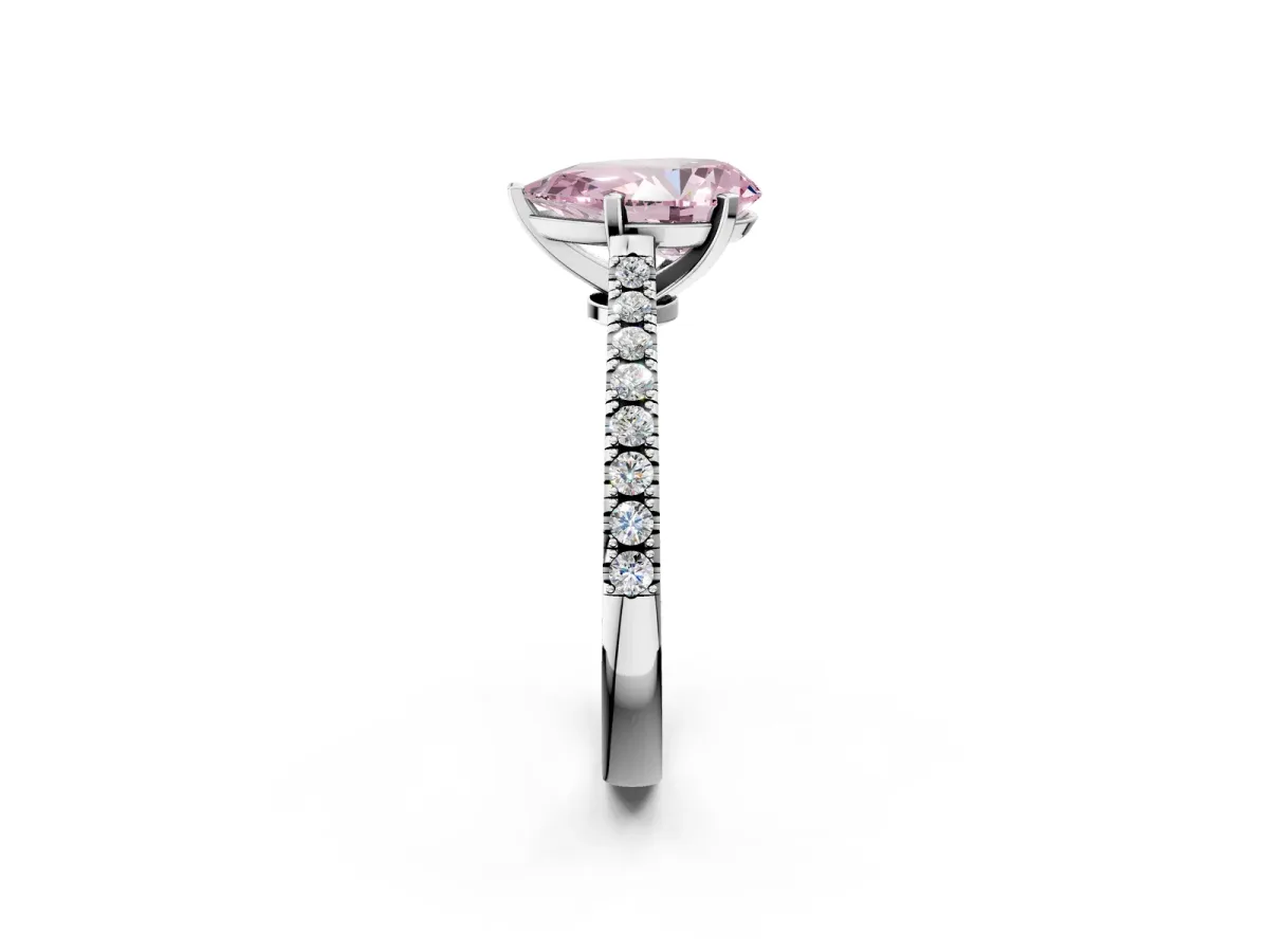 Fancy Pink Pear Cut Cut Solitaire Diamond Engagement Ring with Pave Band and Four-Prong Setting Silver