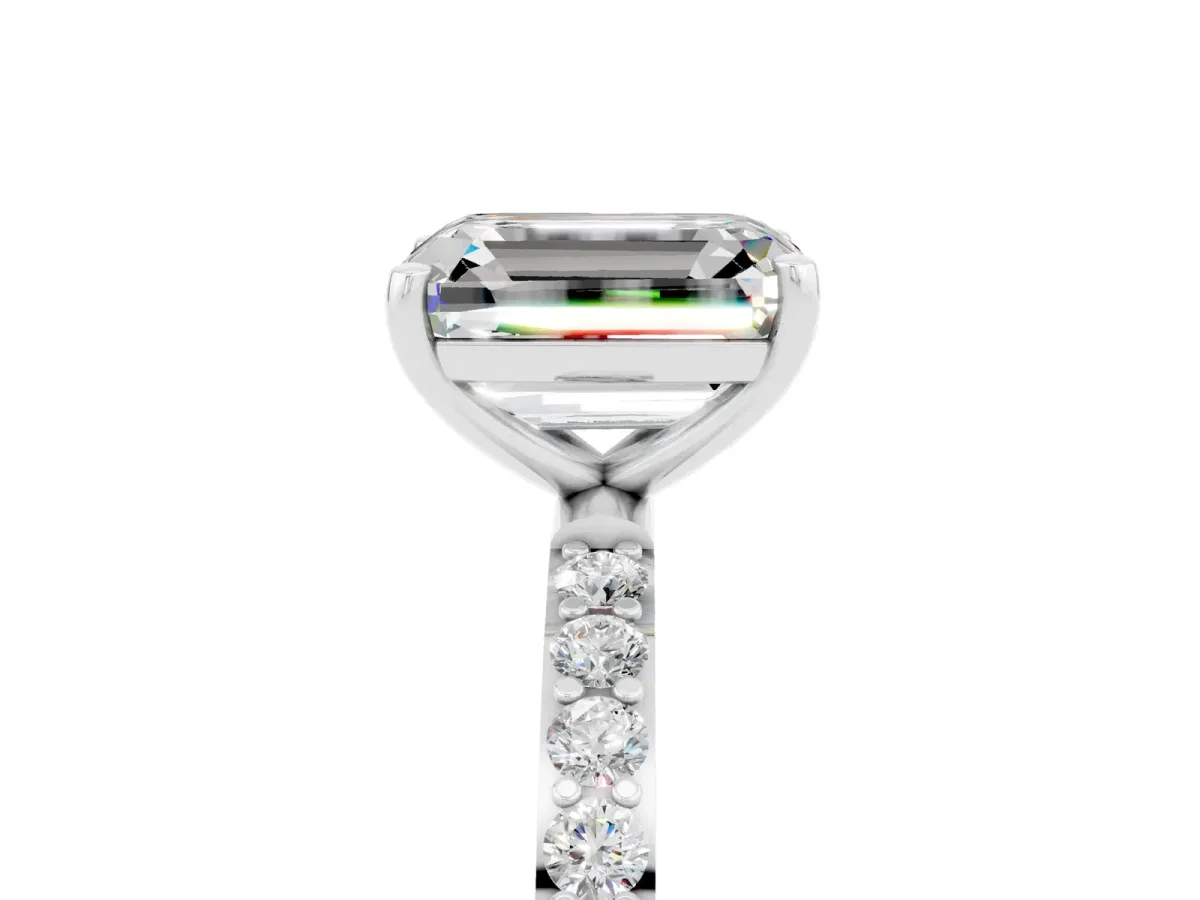 Emerald Cut Moissanite Solitaire Ring with Round Pavé Band and Prong Setting Platinum