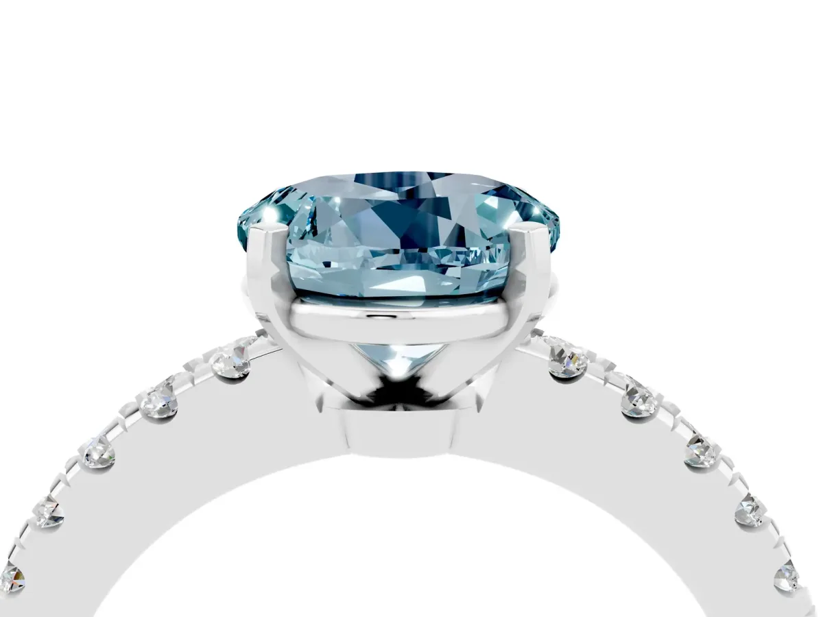 Round Cut Solitaire Aquamarine with Pavé Band and Four-Prong Setting Silver