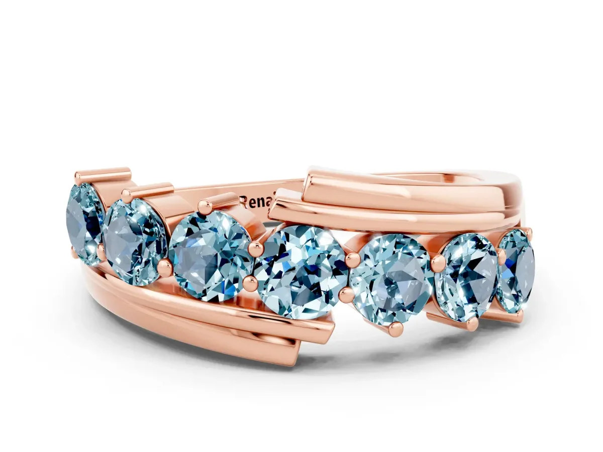 Round Aquamarine Wave Band with Channel and Shared Prong Setting Rose gold