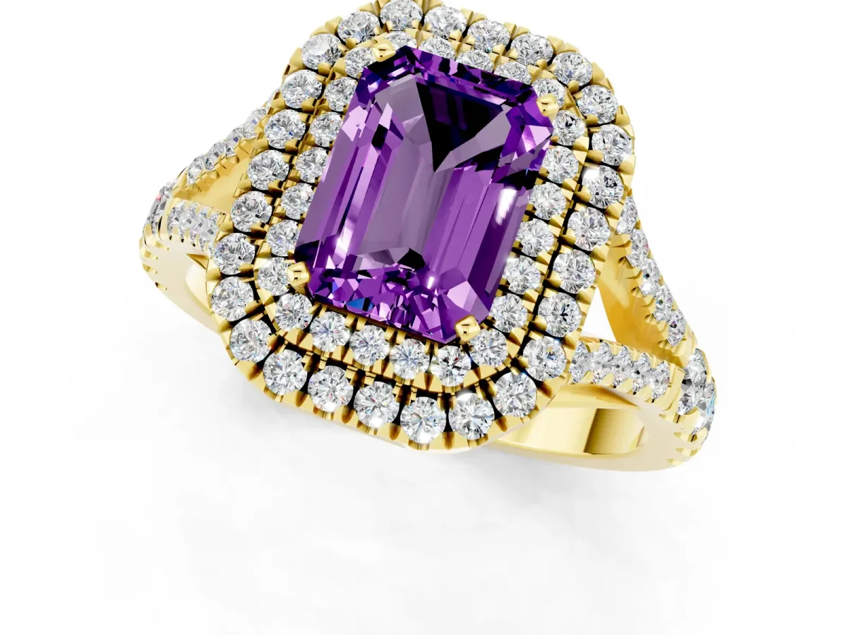 Double Halo Emerald Cut Amethyst Split Shank Engagement Ring with Four-Prong Setting Yellow gold