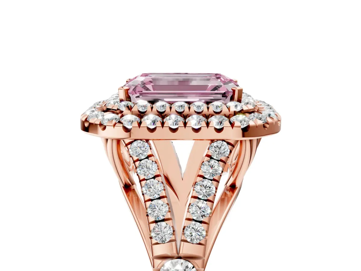 Fancy Pink Emerald Cut Diamond Double Halo Ring with Split Shank and Prong Setting Rose gold