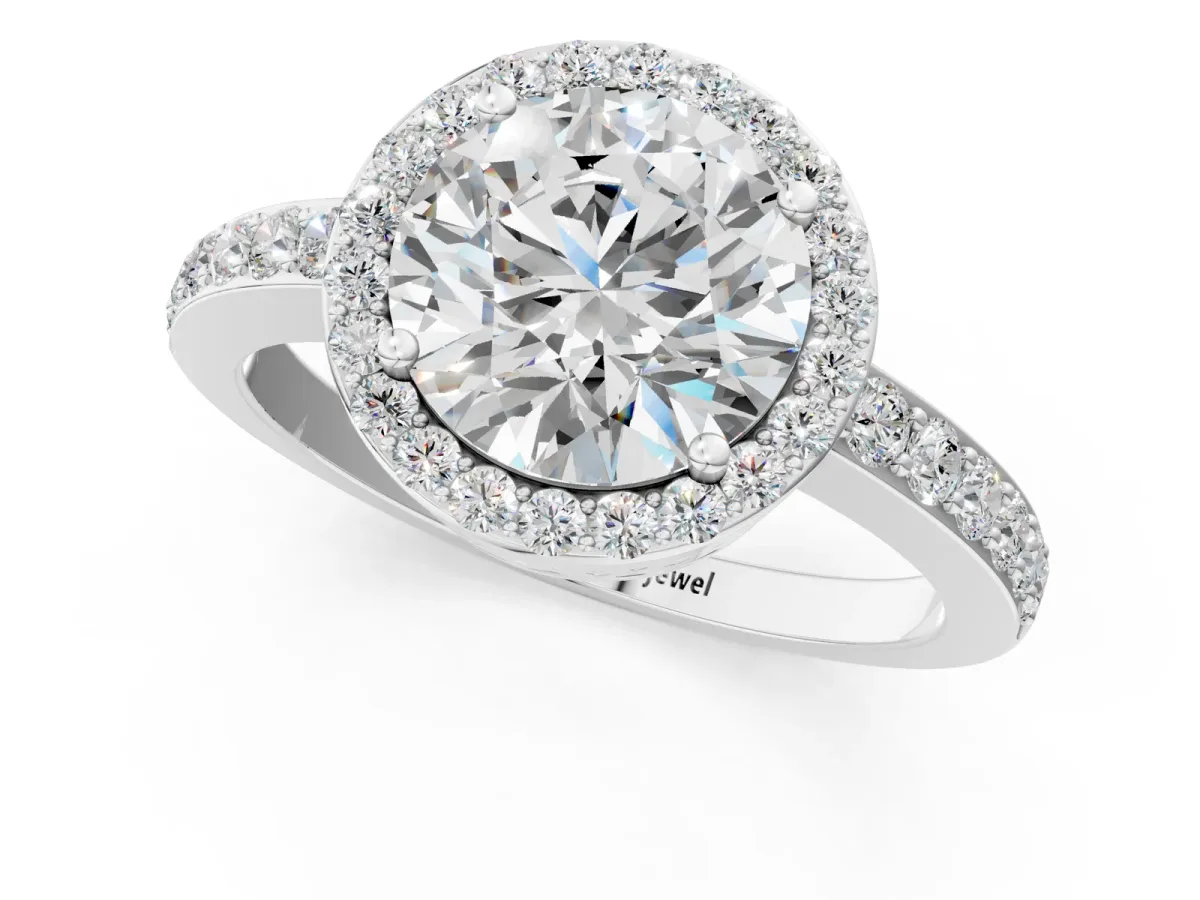 Round Cut Halo Diamond Pavé Band Ring with Prong Setting Platinum