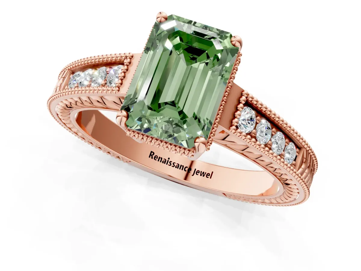 Fancy Green Emerald Cut Cut Diamond Milgrain Pave Band Four-Prong Setting Ring Rose gold