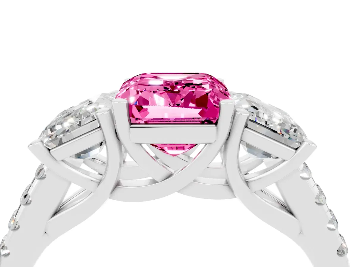 Three-Stone Emerald Cut Pink Sapphire Ring with Round Pavé Band and Prong Setting Silver