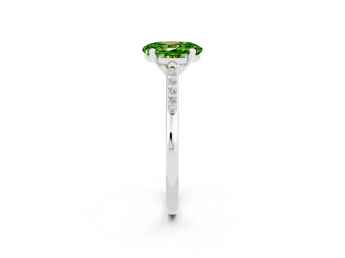 Oval Cut Peridot Solitaire Ring with Channel Set Round Band and Prong Setting Silver