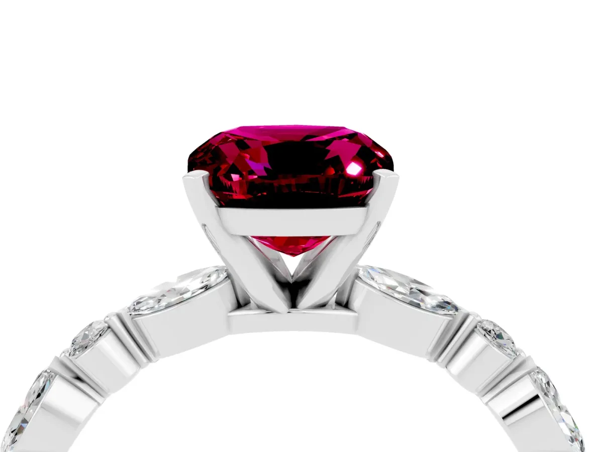 Cushion Cut Garnet Ring with Marquise and Round Side Stones and Four-Prong Setting Silver