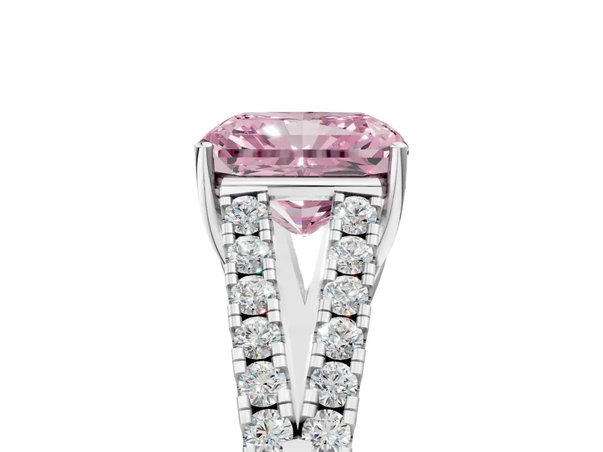 Fancy Pink Radiant Cut Diamond Split Shank Pavé Engagement Ring with Four-Prong Setting White gold