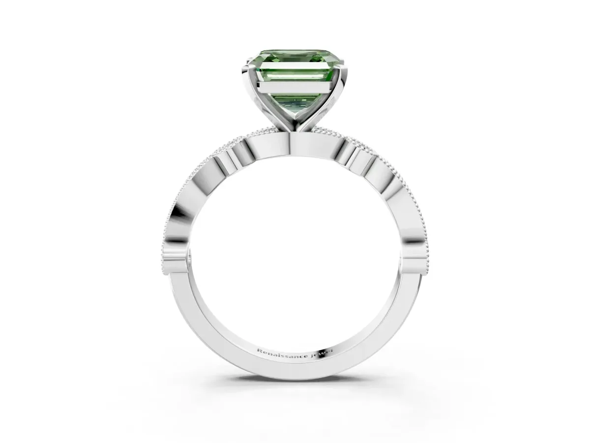 Fancy Green Asscher Cut Milgrain Bezel Diamond Engagement Ring with Solitaire Prong Setting Platinum
