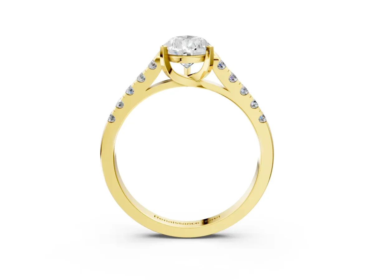 Pear Cut Diamond Pavé Band Solitaire Ring with Prong Setting Yellow gold