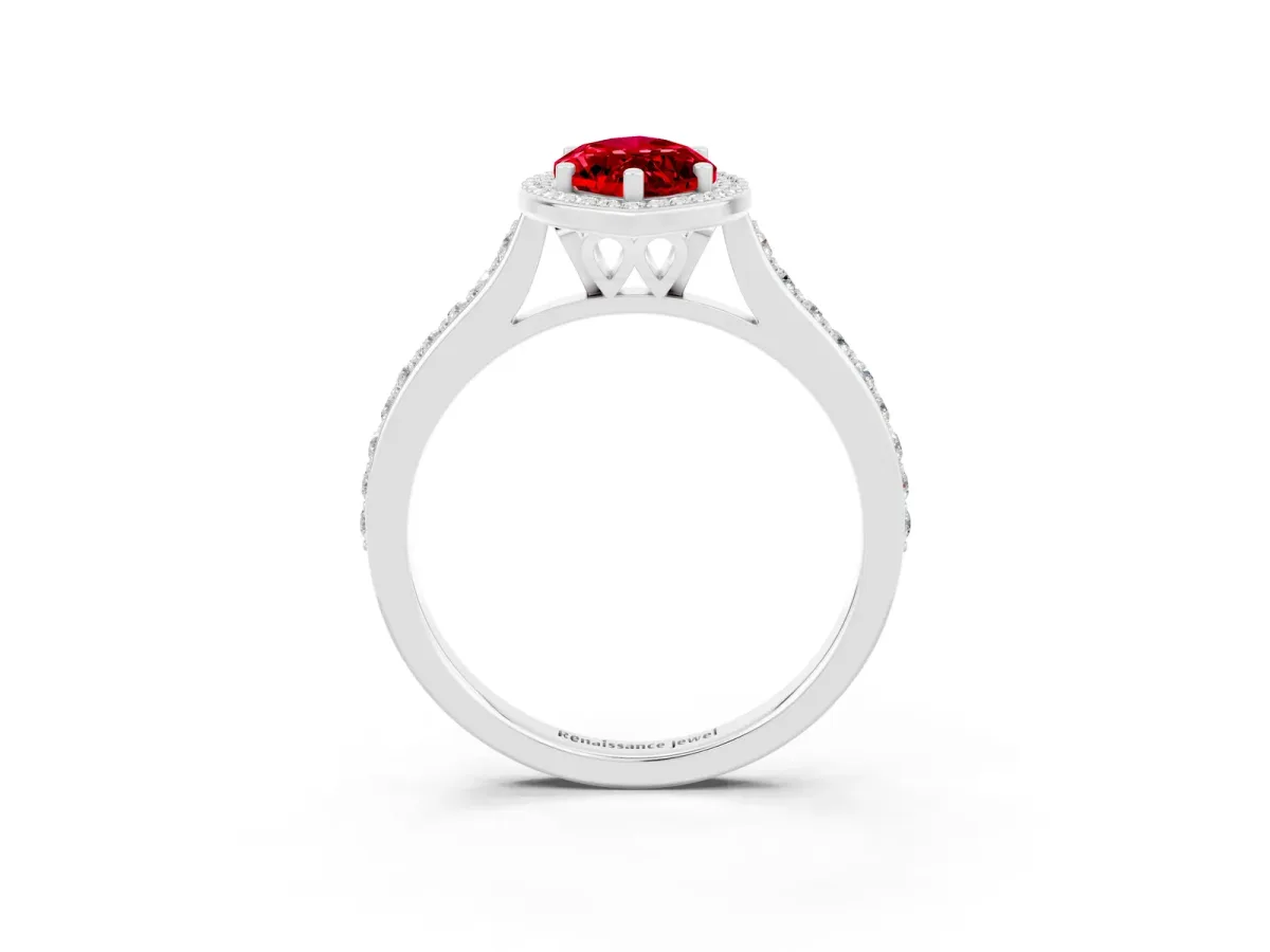 Marquise Cut Ruby Halo Engagement Ring with Round Pavé Shoulders and Prong Setting Platinum