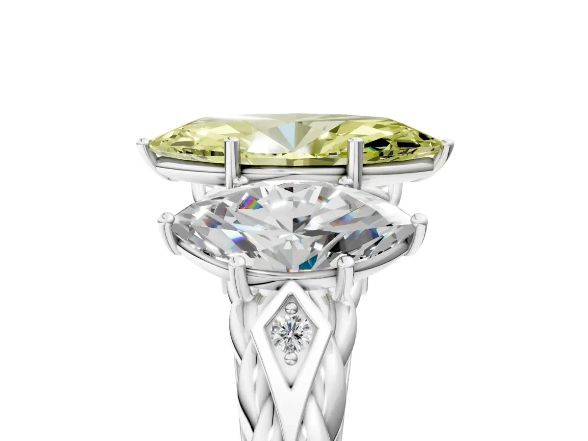 Fancy Yellow Three-Stone Marquise Cut Diamond Braided Band Ring with Four-Prong Setting Platinum