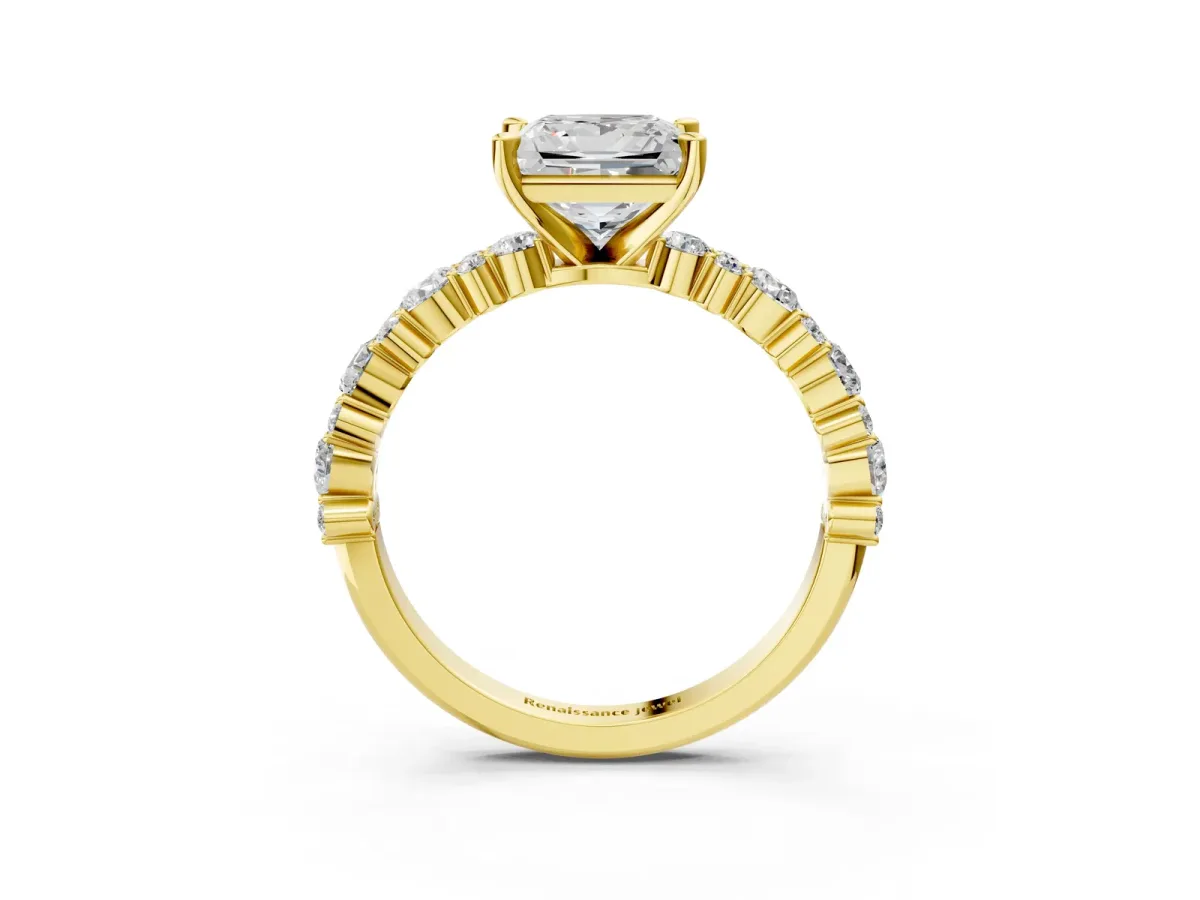 Princess Cut Diamond Side Stone Solitaire Ring with Round and Four-Prong Setting Yellow gold