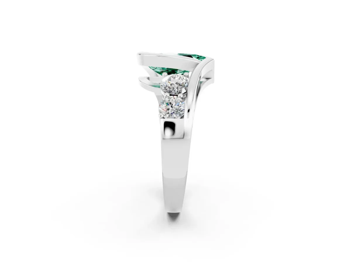 Bezel Set Pear Cut Green Sapphire Bypass Ring with Round Accents Silver