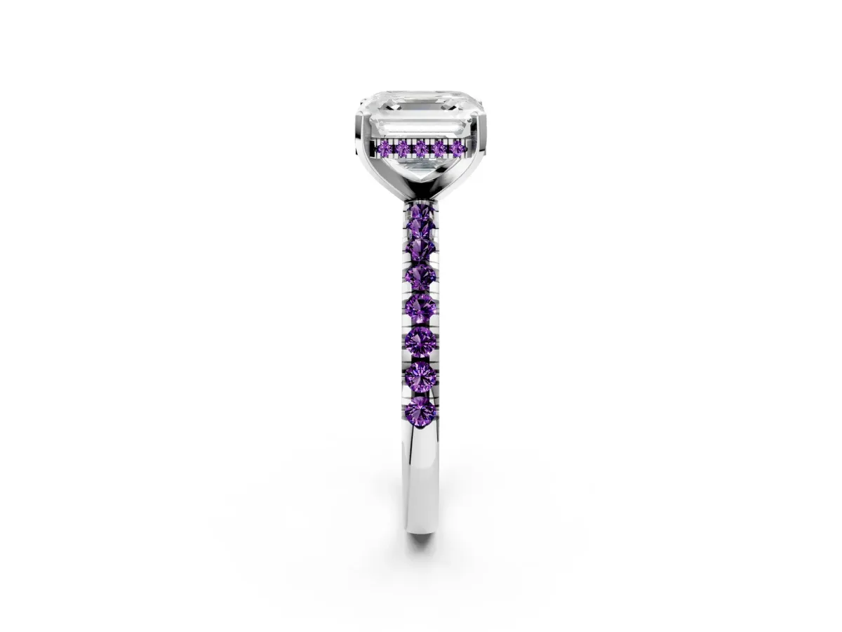 Asscher Cut Diamond Solitaire Ring with Round Amethyst Pavé Band and Four-Prong Setting Silver