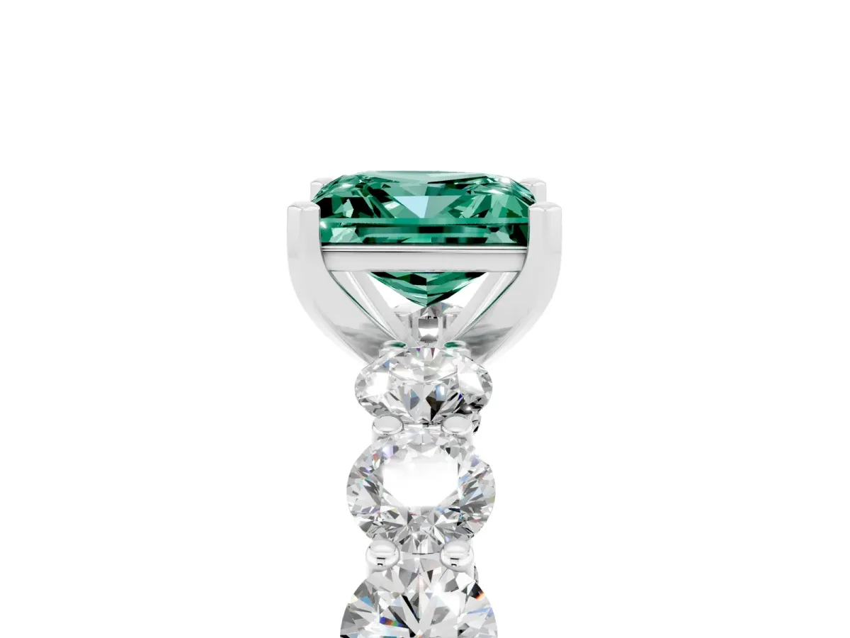 Princess Cut Green Sapphire Prong Setting with Side Stones on a Pave Band Silver