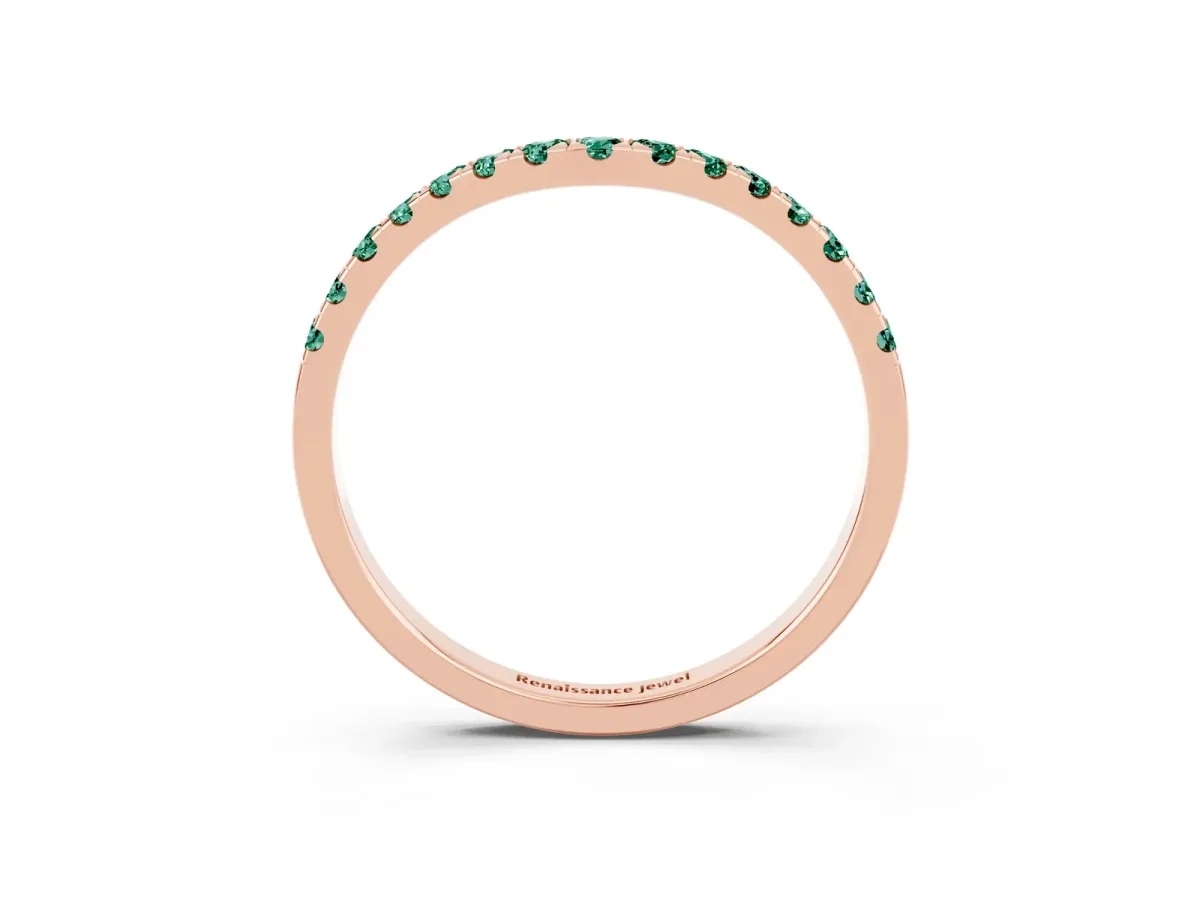 Curved Pavé Round Green Sapphire Wedding Band with Shared Prong Setting Rose gold
