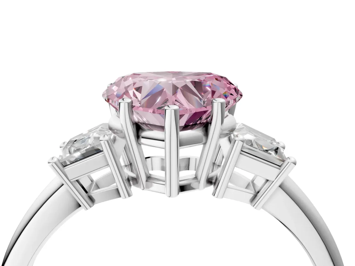 Fancy Pink Heart Cut Diamond Three-Stone Ring with Trapezoid Side Stones and Prong Setting Platinum