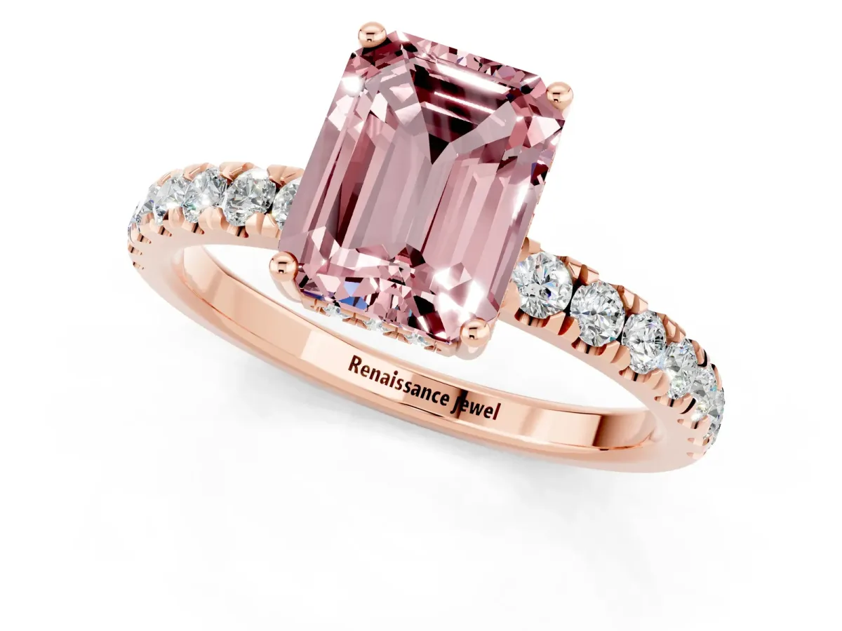 Emerald Cut Morganite Pave Band Solitaire Ring with Round and Prong Setting Rose gold