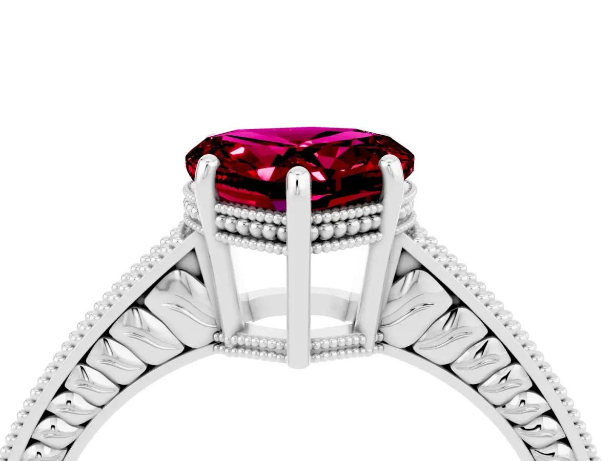 Heart Cut Garnet Ring with Milgrain Pavé Band and Four-Prong Setting Platinum