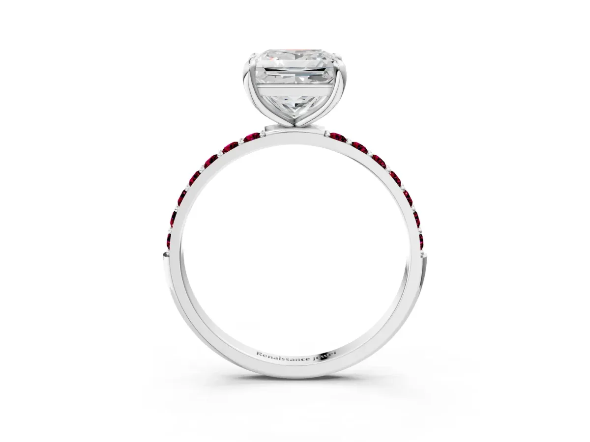 Princess Cut Diamond Solitaire Ring with Round Garnet Pavé Band and Prong Setting Silver