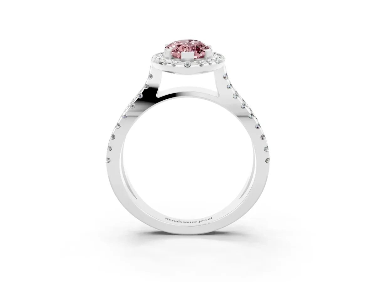 Marquise Cut Morganite Halo Ring with Split Shank Pavé Band and Prong Setting Silver