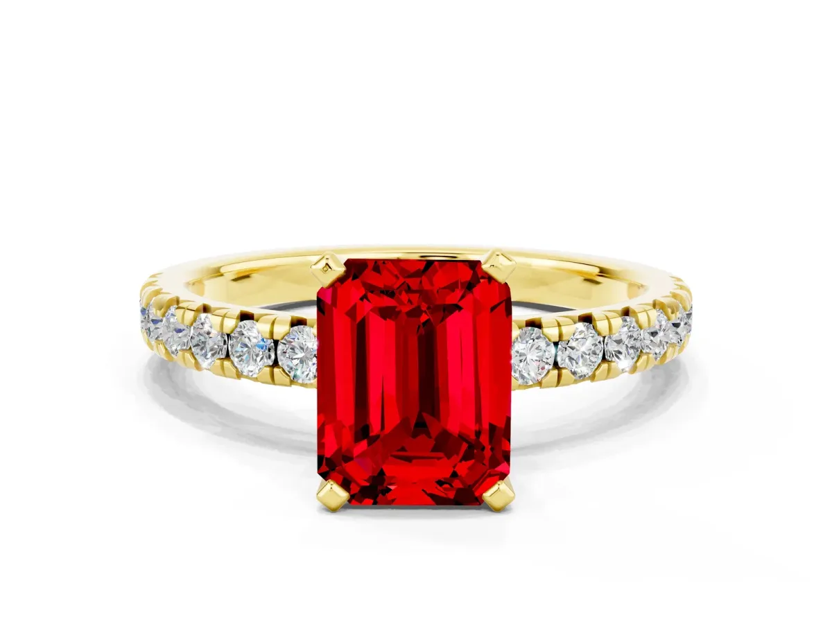 Emerald Cut Ruby Solitaire Pavé Engagement Ring with Round Band and Prong Setting Yellow gold