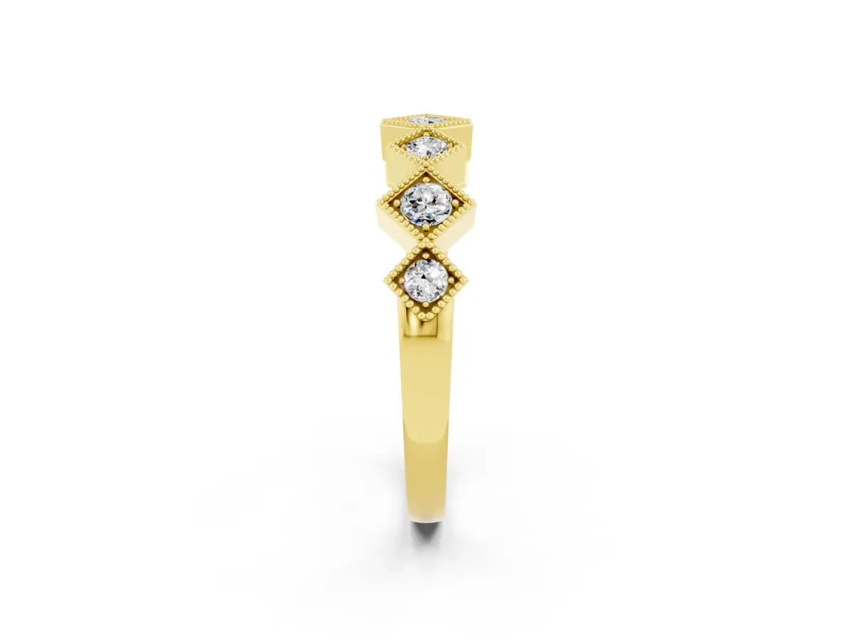 Milgrain Square Bezel Round Moissanite Chevron Band Yellow gold