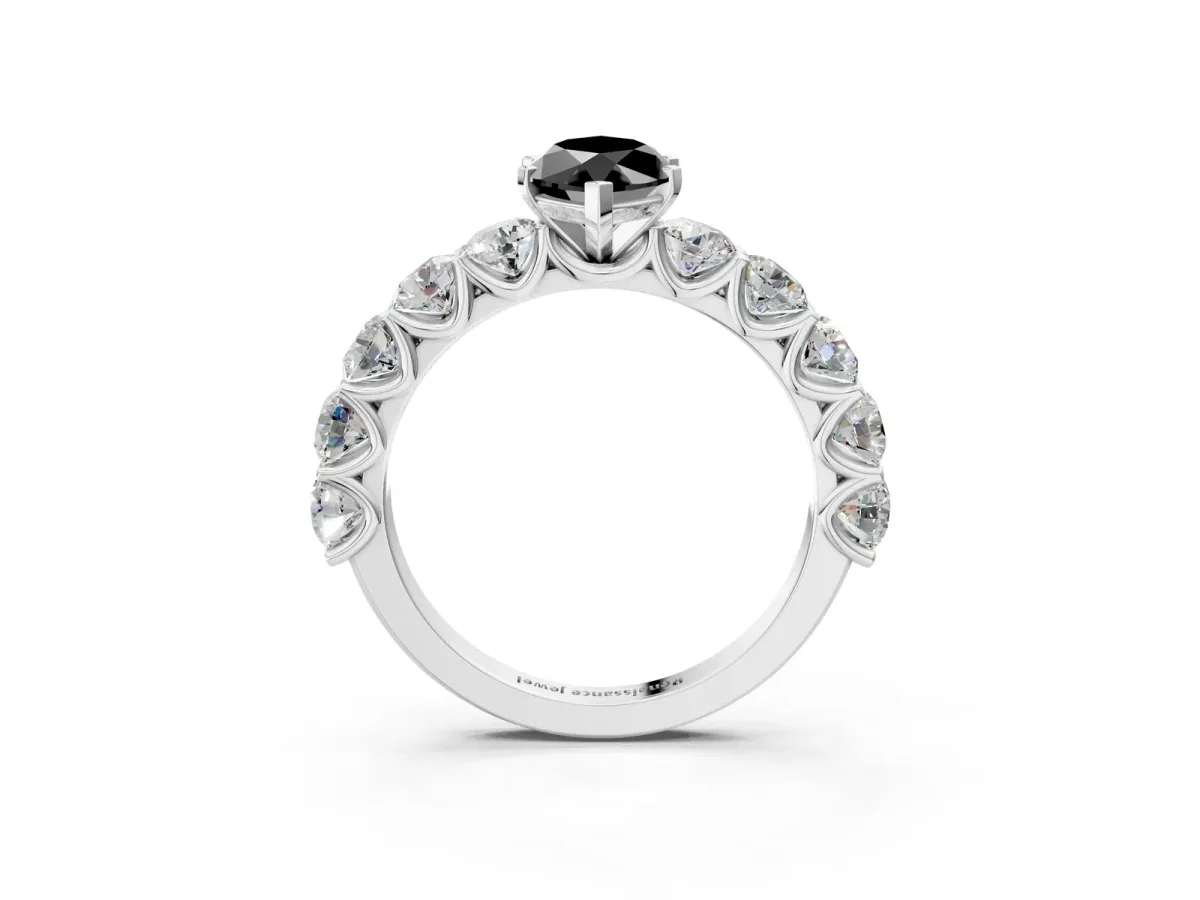 Fancy Black Marquise Cut Diamond Prong Setting with Side Stones on a Pave Band Silver