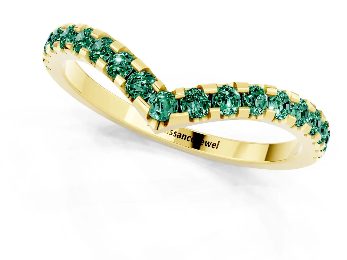 Pavé Round Green Sapphire Chevron Band with Shared Prong Setting Yellow gold