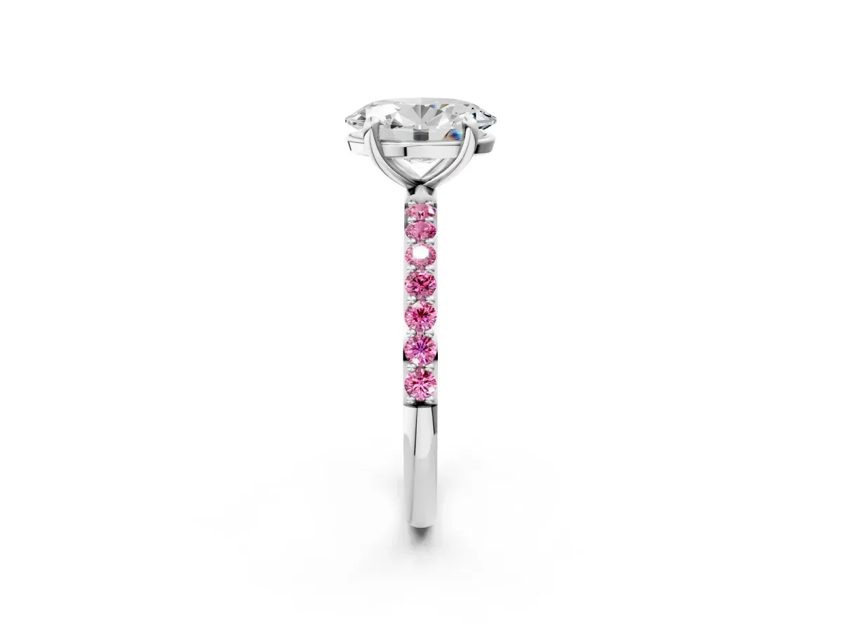 Oval Cut Diamond Solitaire Ring with Round Pink Sapphire Pavé Band and Prong Setting Silver