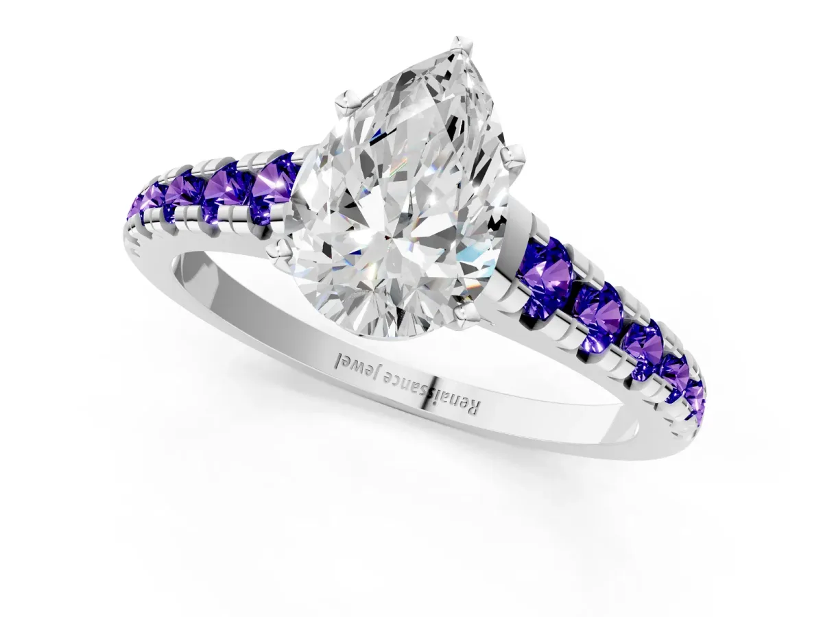 Pear Cut Diamond Cathedral Solitaire Ring with Round Tanzanite Pavé Band Silver